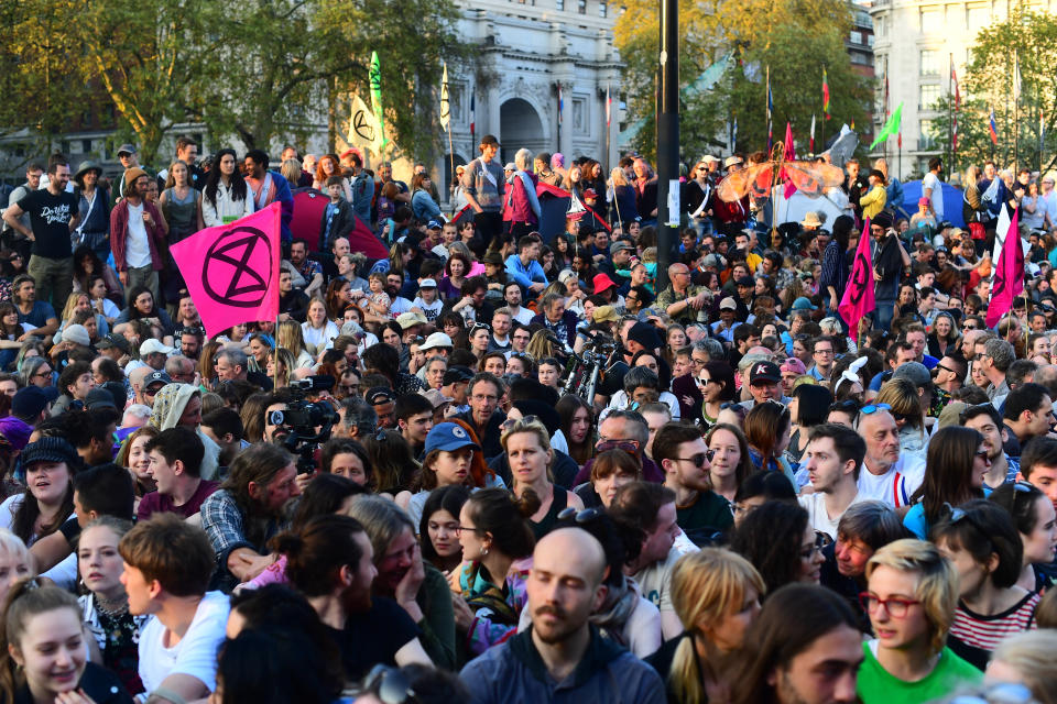 Extinction Rebellion demonstrators gathered at Marble Arch in London.