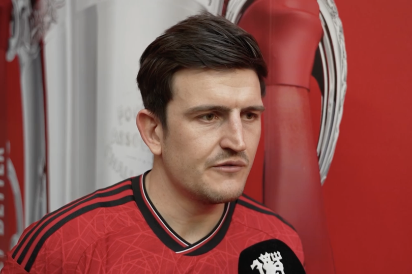 Harry Maguire conducts a post-match TV interview at Wembley.