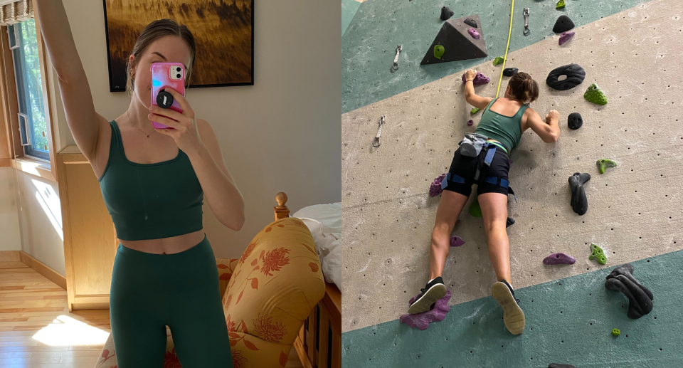 sports bras, split screen of brunette woman wearing green Knix Good to Go Seamless Crop Tank and matching leggings and woman rock climbing and wearing black shorts