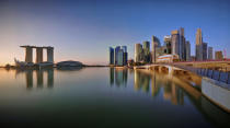 <p>A panoramic view (from left to right) of Marina Bay Sands, Marina Bay Financial Center, the Central Business District and the new epdestrian bridge next to Esplanade Bridge. </p>