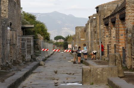 Tourists look at a map while standing on an ancient Roman cobbled street at the UNESCO World Heritage site of Pompeii, October 13, 2015. REUTERS/Alessandro Bianchi