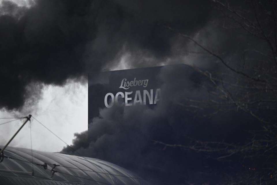 Smoke rises after a fire broke out at the Liseberg amusement park's new water world Oceana in Goteborg, Sweden, Monday Feb. 12, 2024. A fire raged through a water park attraction with several slides in the Nordic region’s largest fun fair with a huge plume of black smoke drifting over Goteborg, Sweden’s second largest city. Authorities, including the police and fire fighters, could not say whether there were any casualties. (Björn Larsson Rosvall/TT News Agency via AP)