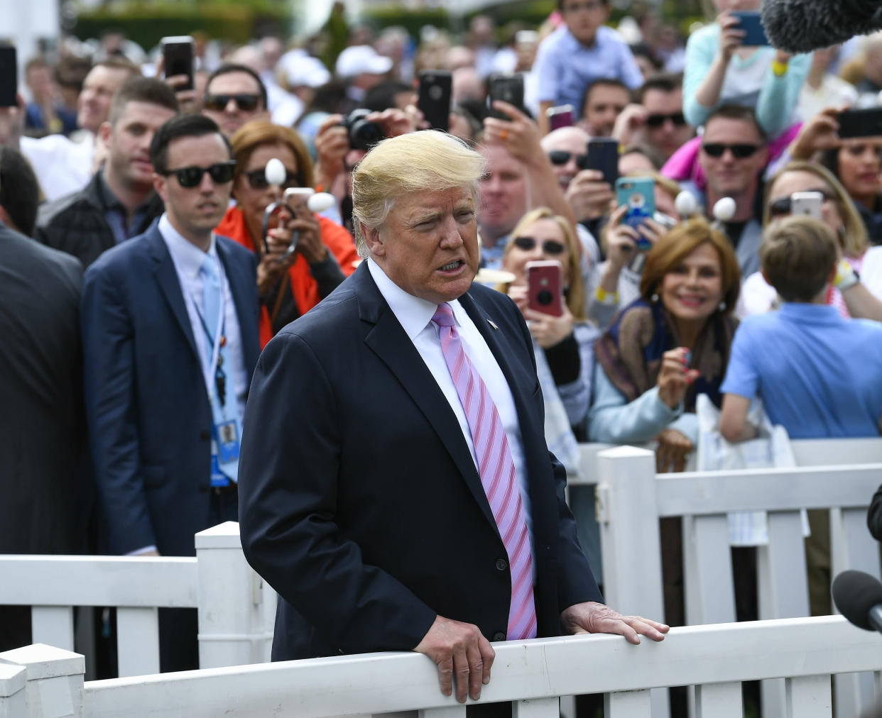 April 22, 2019;  Washington, DC, USA; President Donald J. Trump makes remarks to the media as he walks back to the oval office following opening remarks and watching groups of children participate in the 2019 White House Easter Egg Roll. Mandatory Credit: Jack Gruber-USA TODAY /Sipa USA 