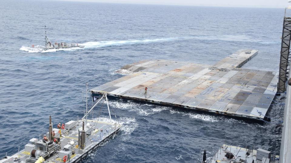 US military handout photo showing the floating aid pier being assembled in the Mediterranean Sea on 29 April 2024