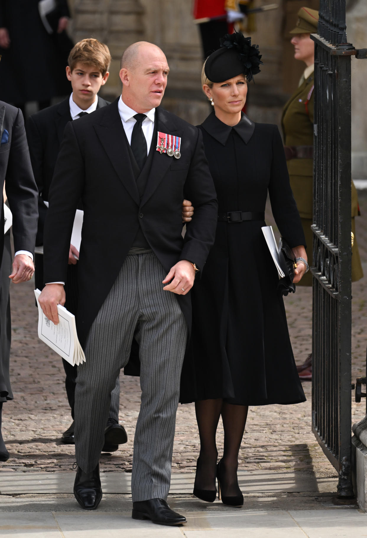 LONDON, ENGLAND - SEPTEMBER 19: Mike Tindall and Zara TIndall during the State Funeral of Queen Elizabeth II at Westminster Abbey on September 19, 2022 in London, England. Elizabeth Alexandra Mary Windsor was born in Bruton Street, Mayfair, London on 21 April 1926. She married Prince Philip in 1947 and ascended the throne of the United Kingdom and Commonwealth on 6 February 1952 after the death of her Father, King George VI. Queen Elizabeth II died at Balmoral Castle in Scotland on September 8, 2022, and is succeeded by her eldest son, King Charles III. (Photo by Karwai Tang/WireImage)