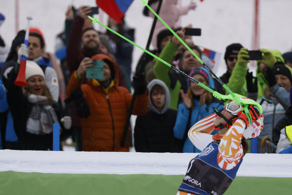 Slovakia's Petra Vlhova celebrates winning an alpine ski, women's World Cup slalom race, in Kranjska Gora, Slovenia, Sunday, Jan. 7, 2024. (AP Photo/Giovanni Maria Pizzato)
