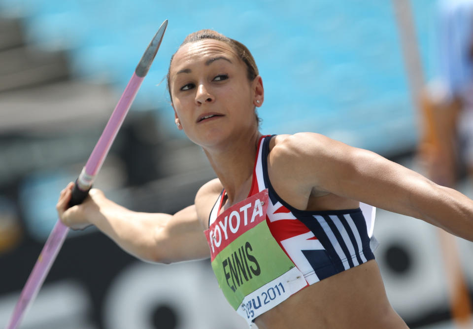 Britain's Jessica Ennis competes in the javelin throw of the women's heptathlon event at the International Association of Athletics Federations (IAAF) World Championships in Daegu on August 30, 2011.   AFP PHOTO / ADRIAN DENNIS (Photo credit should read ADRIAN DENNIS/AFP/Getty Images)