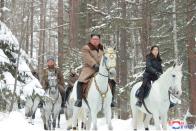 KCNA picture of North Korean leader Kim Jong Un visiting battle sites in areas of Mt Paektu