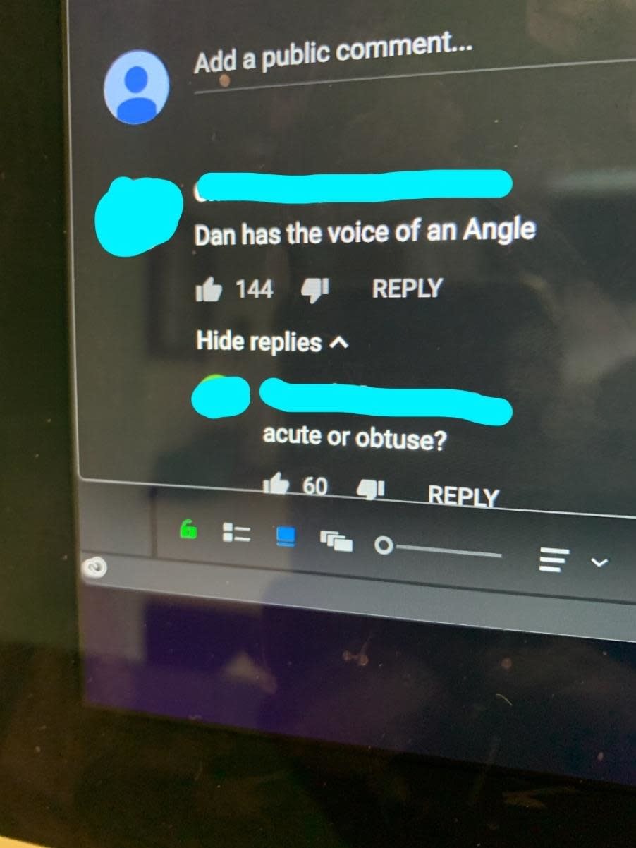 Screenshot of a social media comment section with a humorous typo referring to someone having the voice of an "angle" with a reply asking, "Acute or obtuse?"