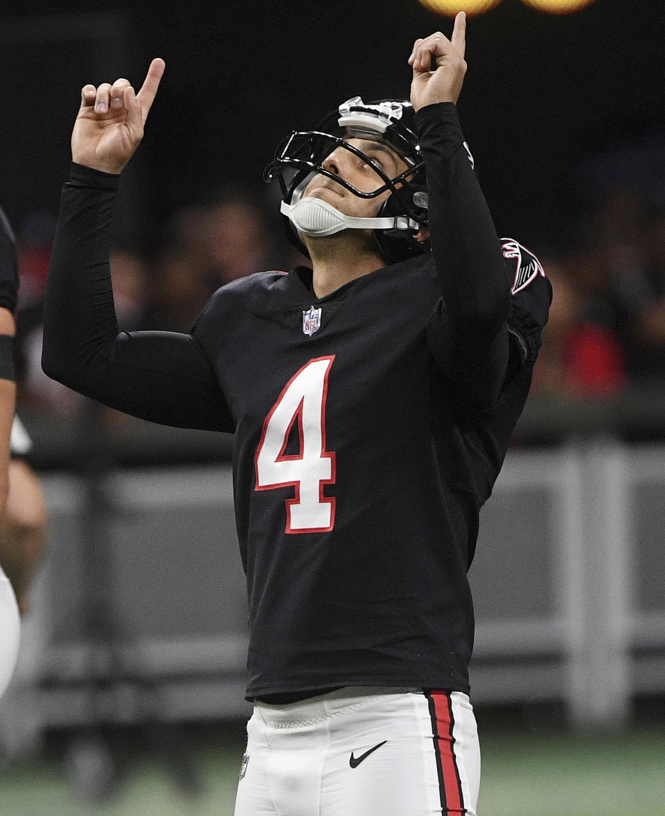 Atlanta Falcons kicker Giorgio Tavecchio (4) celebrates his field goal against the New York Giants during the second half of an NFL football game, Monday, Oct. 22, 2018, in Atlanta. (AP Photo/John Amis)