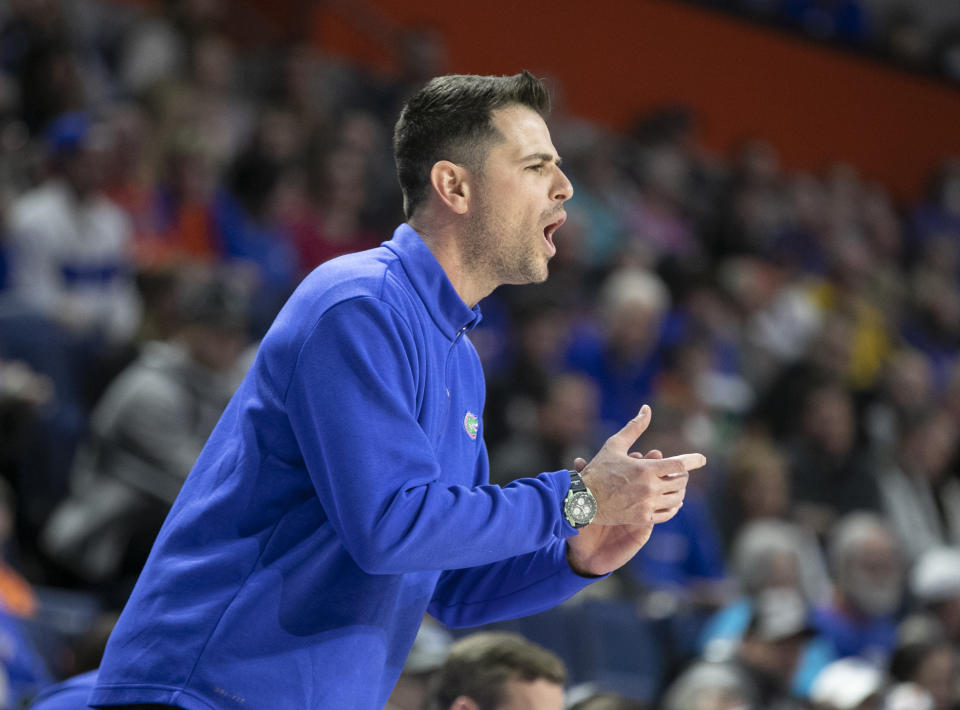 Florida head coach Todd Golden on the sidelines during the first half of an NCAA college basketball game against Missouri Saturday, Jan. 14, 2023, in Gainesville, Fla. (AP Photo/Alan Youngblood)