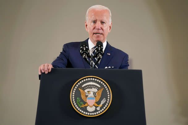 PHOTO: President Joe Biden gives his remarks after his visit to Augusta Victoria Hospital in east Jerusalem, July 15, 2022. (Evan Vucci/AP)