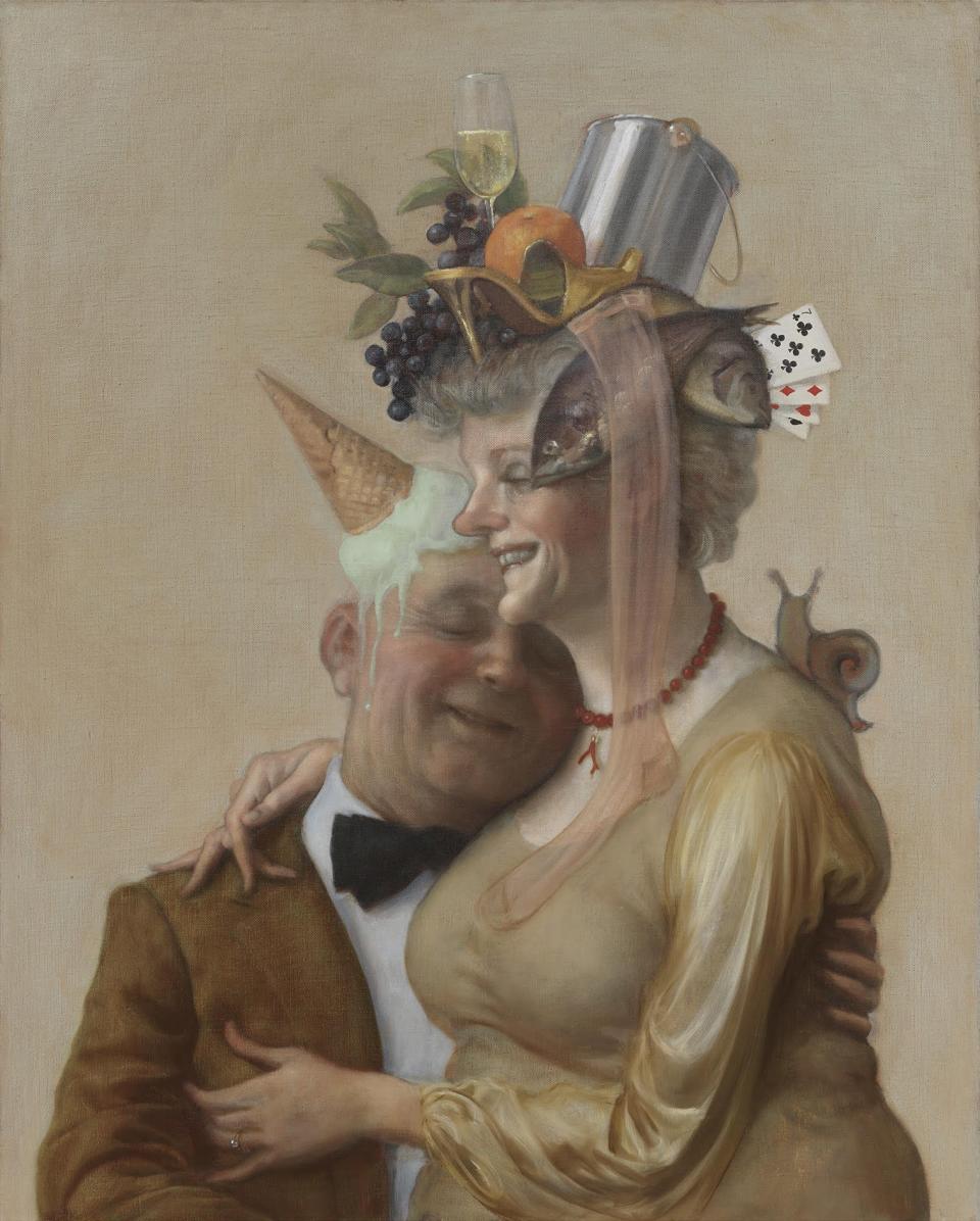 Even the happy old couples are crowned with a dunce cap-like melting ice cream cone and a bottom-of-the-sea boot. Pistachio, 2016. Oil on canvas