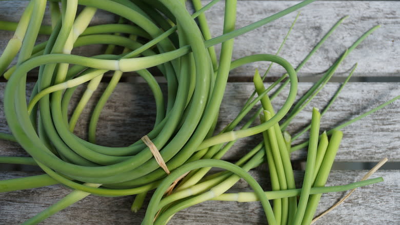 bunches of garlic scapes