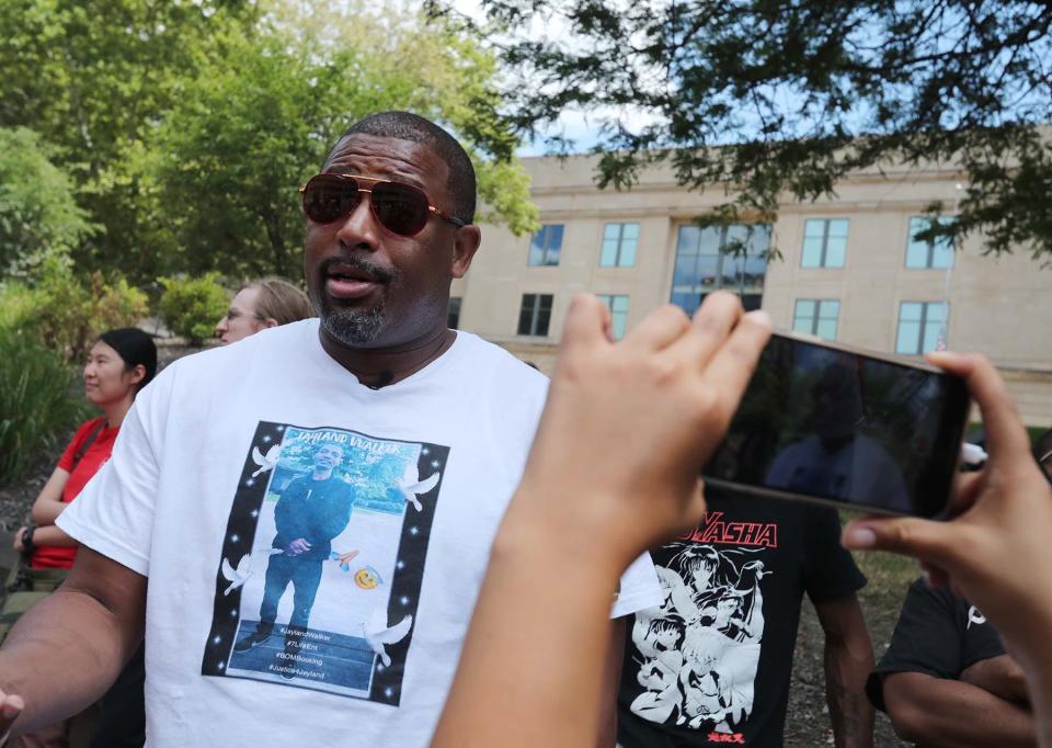 Demetrius Travis Sr., Jayland Walker's cousin, talks during a protest Saturday organized by the Party for Socialism and Liberation in downtown Akron.