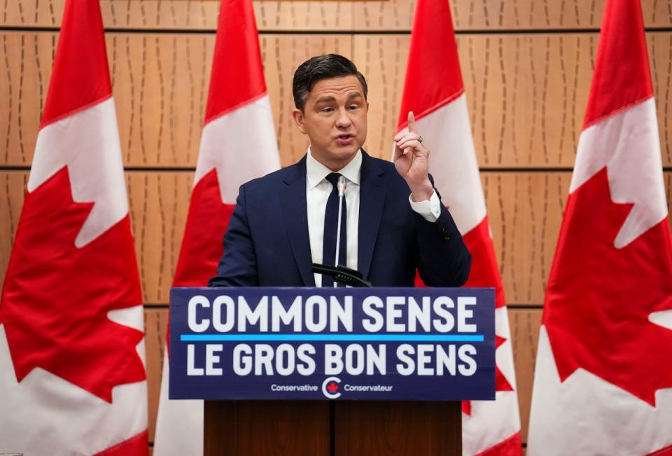 Conservative Leader Pierre Poilievre addresses the national Conservative caucus on Parliament Hill in Ottawa on Sunday, Jan. 28, 2024. The Conservative Party of Canada raised more than $35 million during Pierre Poilievre's first full year as leader — and the federal Liberals brought in less than half that amount.