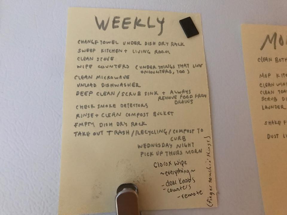 Weekly to-do list—which now includes “Clorox wipe everything.”