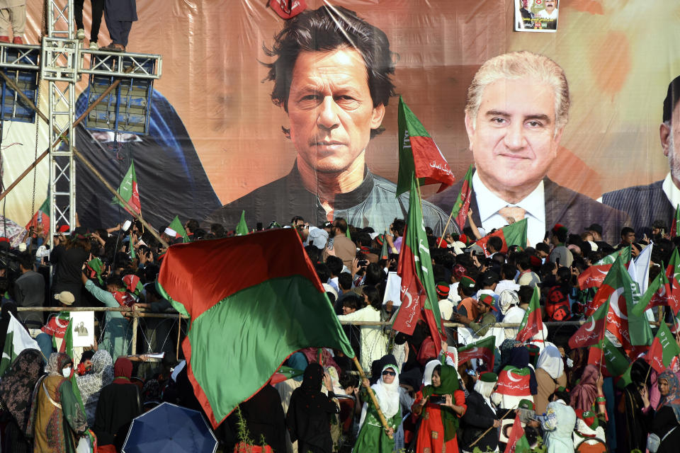 Supporters of Pakistan's imprisoned former Prime Minister Imran Khan's party participate in a rally demanding his release from prison where he has been held for more than a year after being sentenced in multiple cases, on the outskirts of the capital, Islamabad, Pakistan, Sunday, Sept. 8, 2024. (AP Photo/W. K. Yousufzai)