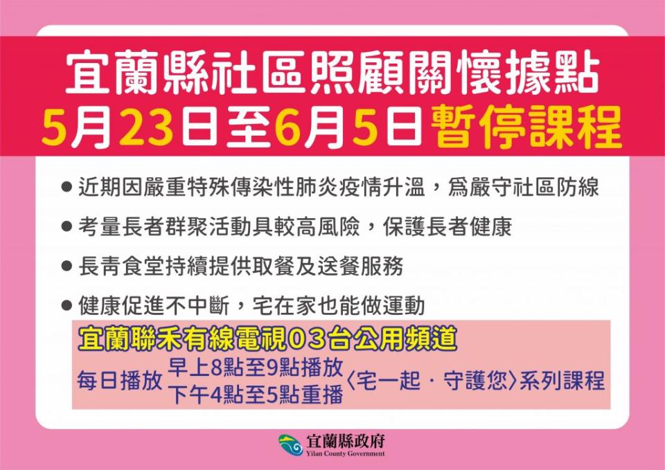 宜蘭縣１３４處社區照顧關懷據點即日起至六月五日暫停課程。（宜縣府提供）