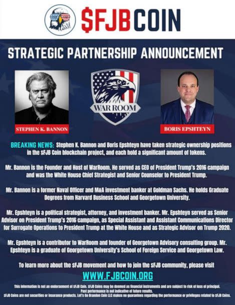 PHOTO: An announcement of the acquisition of the $FJB project by Steve Bannon and Boris Epshteyn is seen on the official $FJB website in a screengrab from February 2023. (ABC News)