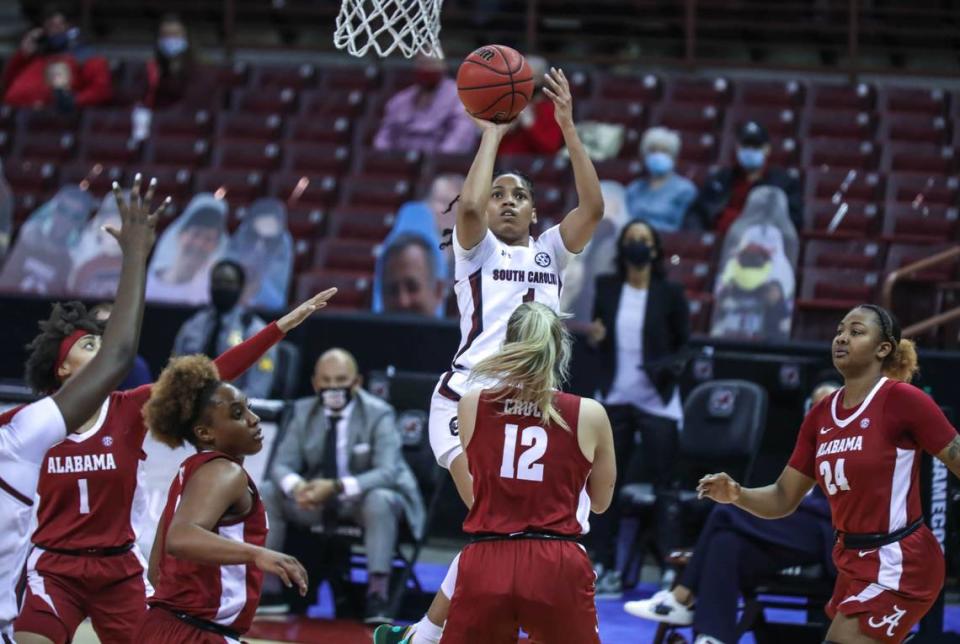 South Carolina Gamecocks guard Zia Cooke (1) shoots over Alabama forward Allie Craig Cruce (12) during the second half of action in the Colonial Life Arena.
