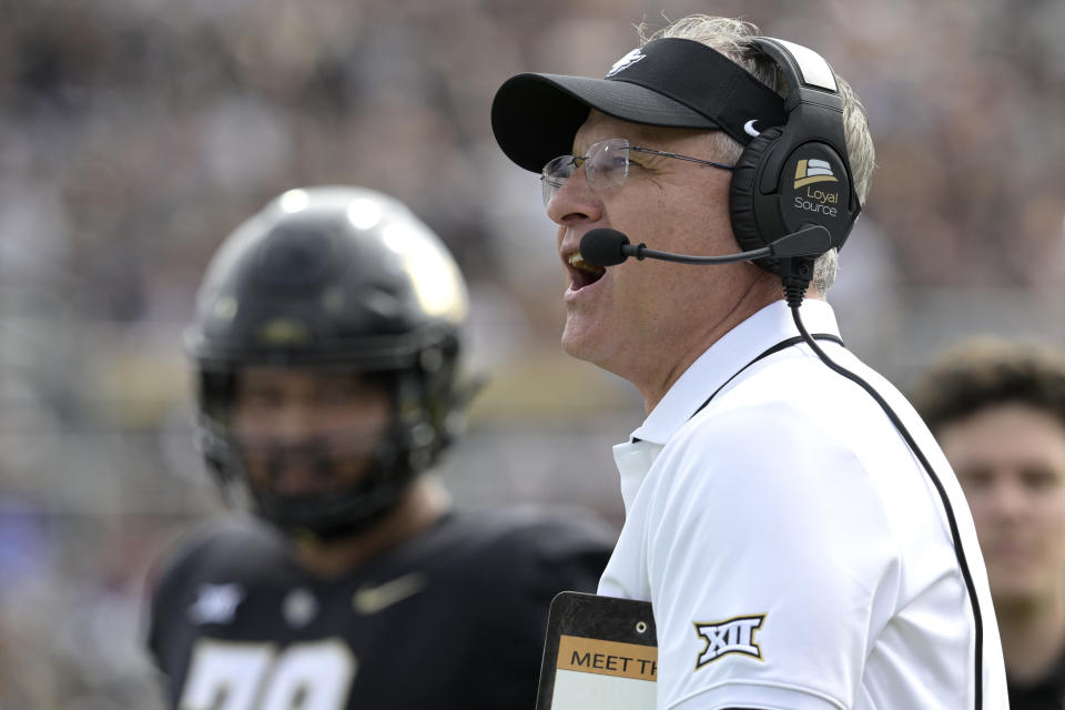 Central Florida head coach Gus Malzahn watches from the sideline during the first half of an NCAA college football game against Houston, Saturday, Nov. 25, 2023, in Orlando, Fla. (AP Photo/Phelan M. Ebenhack)