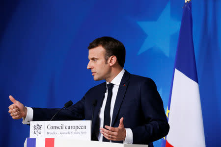 French President Emmanuel Macron holds a news conference after a European Union summit in Brussels, Belgium March 22, 2019. REUTERS/Eva Plevier