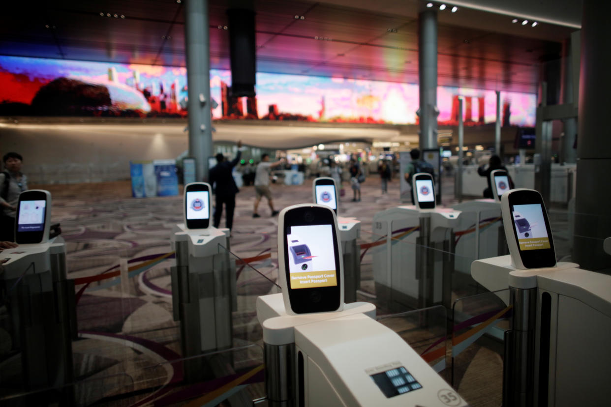 Automated immigration control gates are seen at Changi airport's Terminal 4 in Singapore April 30, 2018.      REUTERS/Thomas White