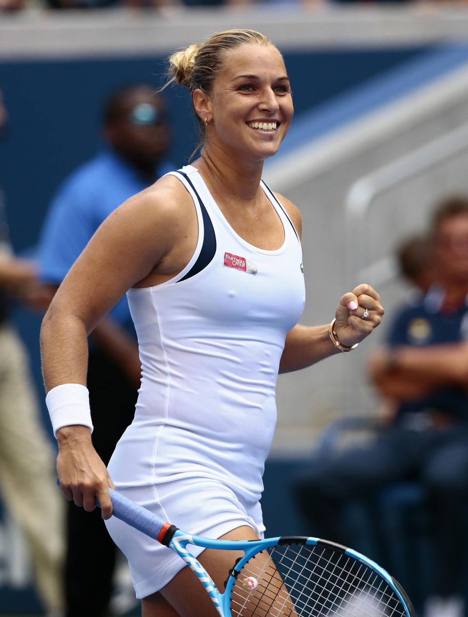 Dominika Cibulkova, of Slovakia, celebrates after defeating Angelique Kerber, of Germany, during the third round of the U.S. Open tennis tournament, Saturday, Sept. 1, 2018, in New York. (AP Photo/Andres Kudacki)