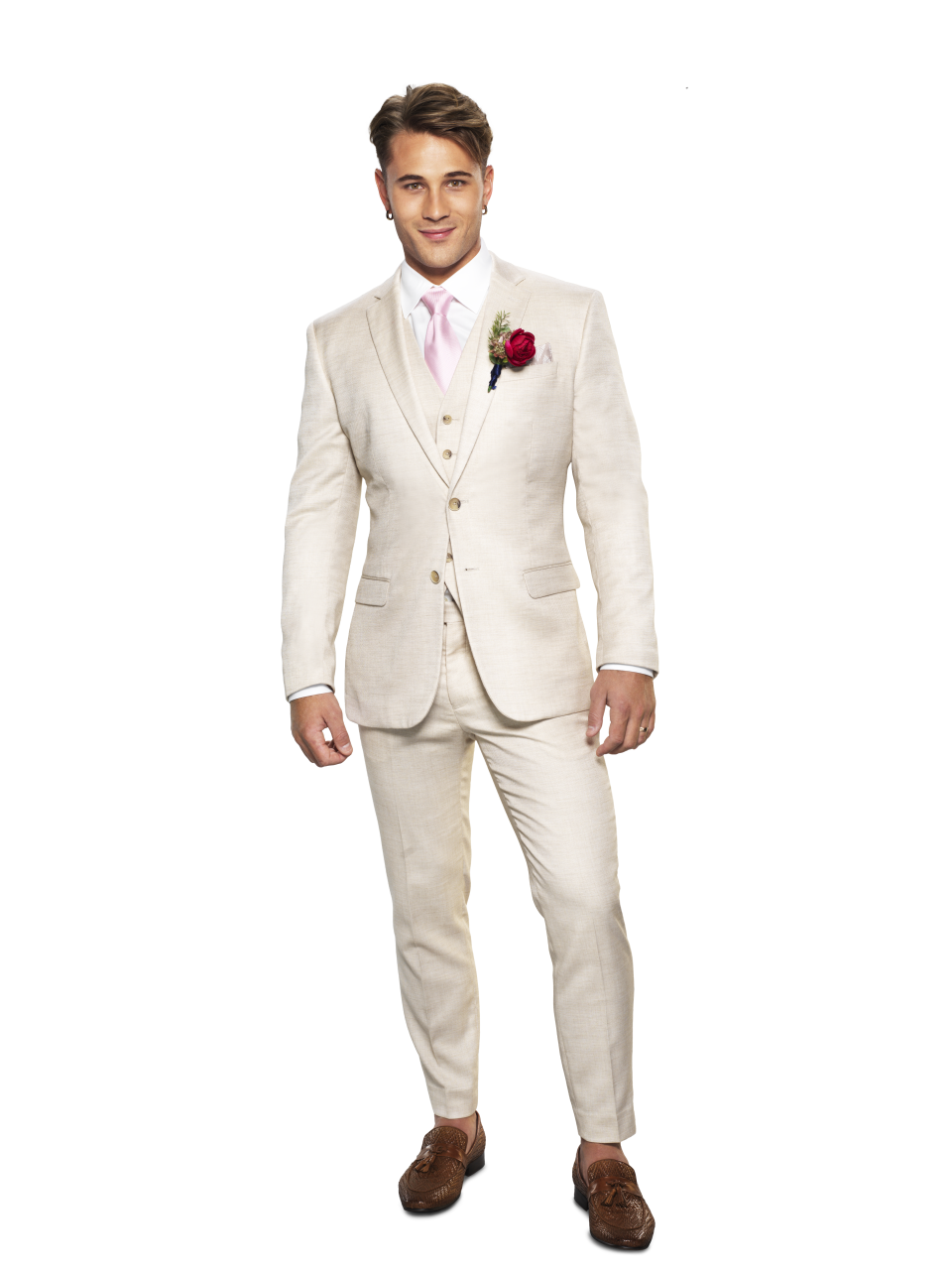 Married At First Sight Australia 2022 Groom Mitch wears a tight cream suit with vest, pink tie, white shirt and red lapel flower. He has earrings, short dark streaked hair and brown shoes.