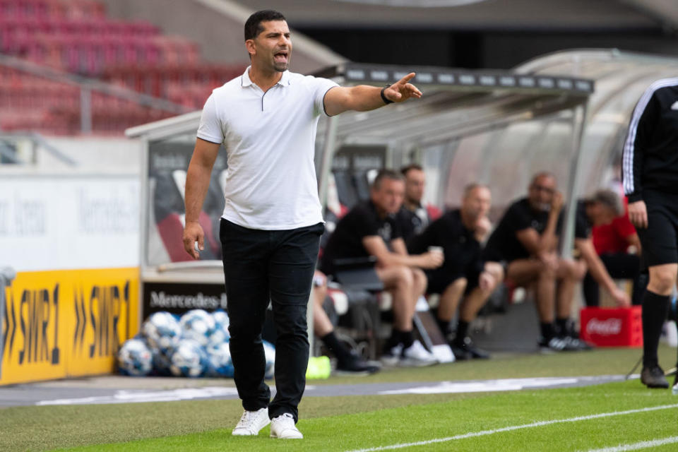 28 June 2020, Baden-Wuerttemberg, Stuttgart: Football: 2nd Bundesliga, VfB Stuttgart - Darmstadt 98, 34th matchday in the Mercedes-Benz Arena. Darmstadt coach Dimitrios Grammozis gesticulates. Photo: Tom Weller/dpa - IMPORTANT NOTE: In accordance with the regulations of the DFL Deutsche FuÃŸball Liga and the DFB Deutscher FuÃŸball-Bund, it is prohibited to exploit or have exploited in the stadium and/or from the game taken photographs in the form of sequence images and/or video-like photo series. (Photo by Tom Weller/picture alliance via Getty Images)