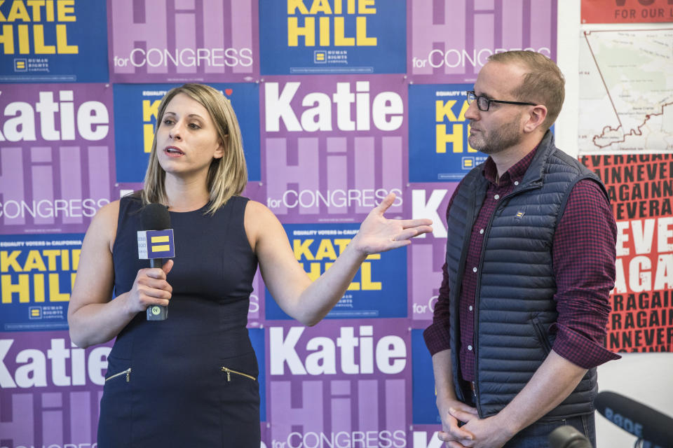 <span class="s1">Katie Hill, who’s running for Congress in California’s 25th District, and Human Rights Campaign president Chad Griffin at their phone banking headquarters in Stevenson Ranch, Calif., on Oct. 18. (Photo: Matt Harbicht/AP Images for Human Rights Campaign)</span>