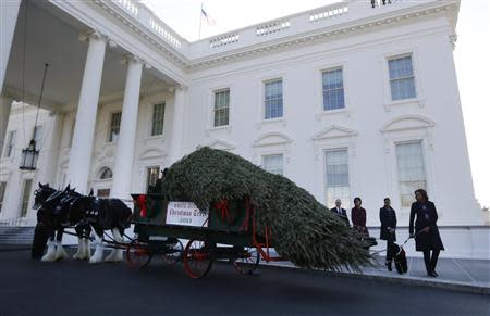 U.S. first lady Michelle Obama (R) and her daughters Sasha and Malia welcome the official White House Christmas tree at the North Portico of the White House in Washington November 29, 2013. REUTERS/Jason Reed