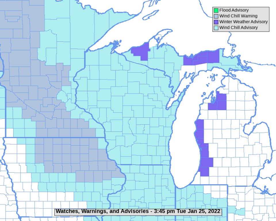 The entire state of Wisconsin is under wind chill advisories overnight Tuesday into early Wednesday as bitter cold arctic air is entrenched across the state.