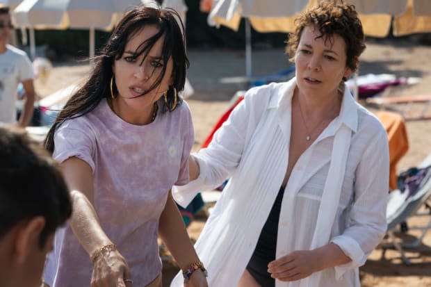 Nina (Dakota Johnson) and Leda (Olivia Colman) have a crisis on the beach.<p>Photo: Yannis Drakoulidis/Courtesy of Netflix</p>