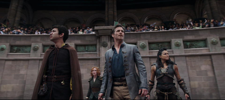 Justice Smith plays Simon, Sophia Lillis plays Doric, Chris Pine plays Edgin and Michelle Rodriguez plays Holga in Dungeons & Dragons: Honor Among Thieves from Paramount Pictures. 