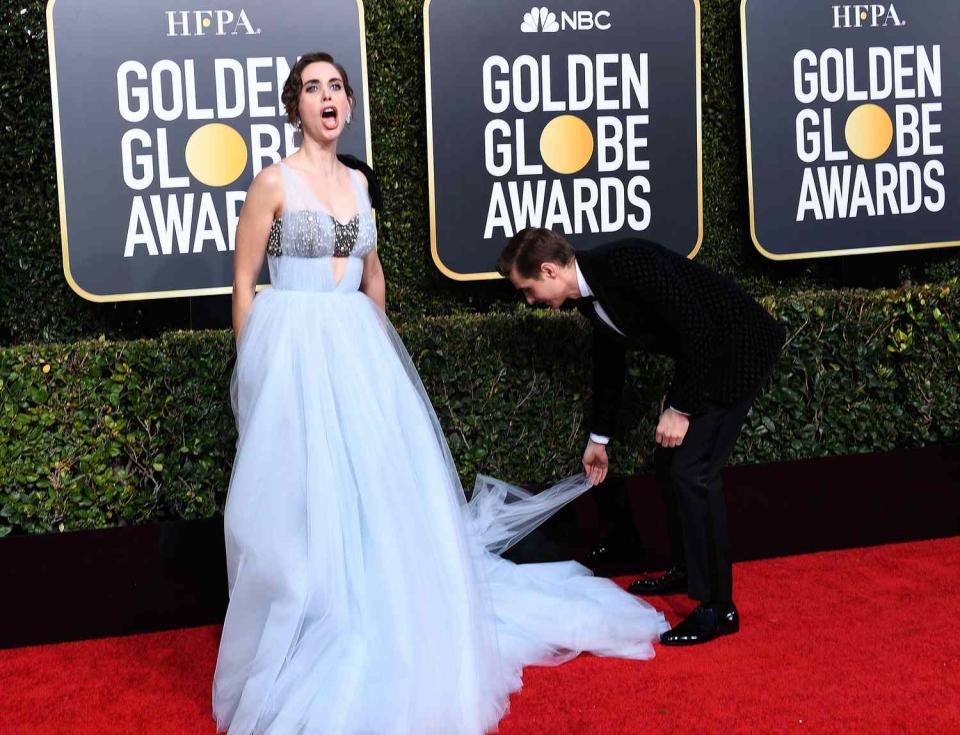 Alison Brie (L) and husband US actor Dave Franco arrive for the 76th annual Golden Globe Awards on January 6, 2019, at the Beverly Hilton hotel in Beverly Hills, California