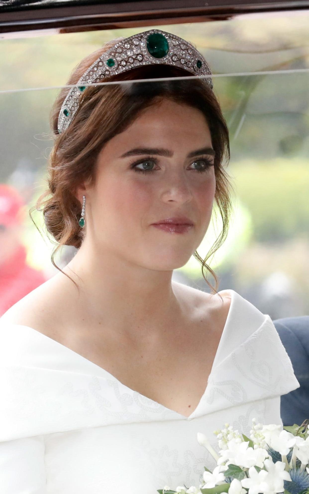 Princess Eugenie wearing the Greville Emerald Kokoshnik tiara, which features a 93.70-carat emerald at its centre - Getty Images Europe