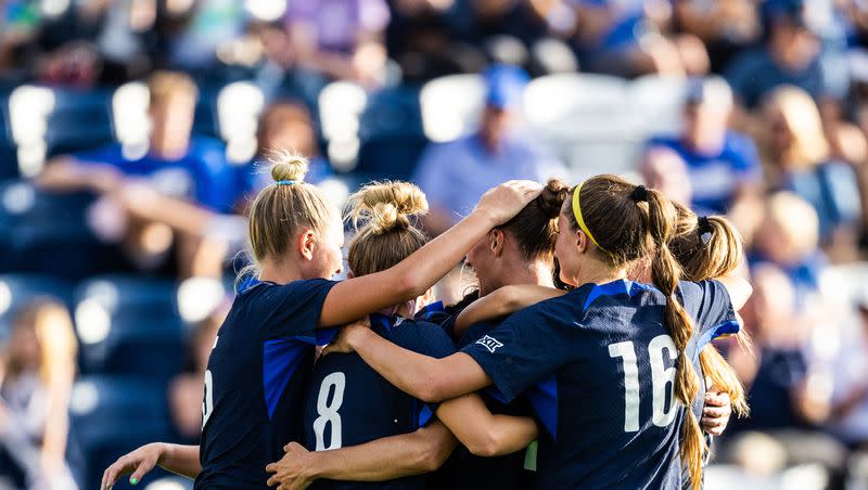 The BYU women’s soccer team celebrates during a game against Long Beach State on Aug. 24, 2023 in Provo, Utah. The Cougars beat the top-ranked UCLA Bruins on Thursday night.