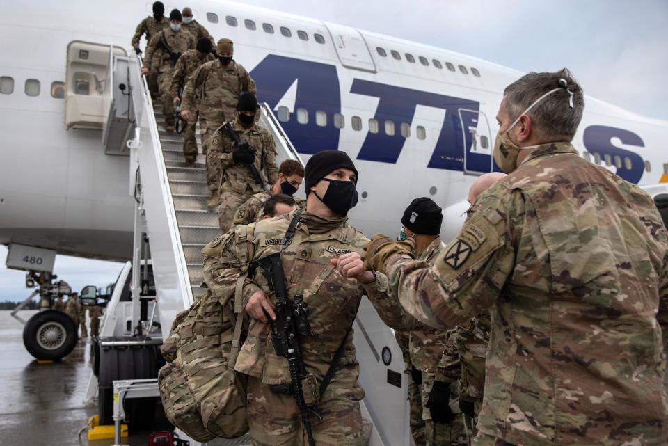 U.S. Army soldiers return from Afghanistan on Dec. 10, 2020, in Fort Drum, New York.