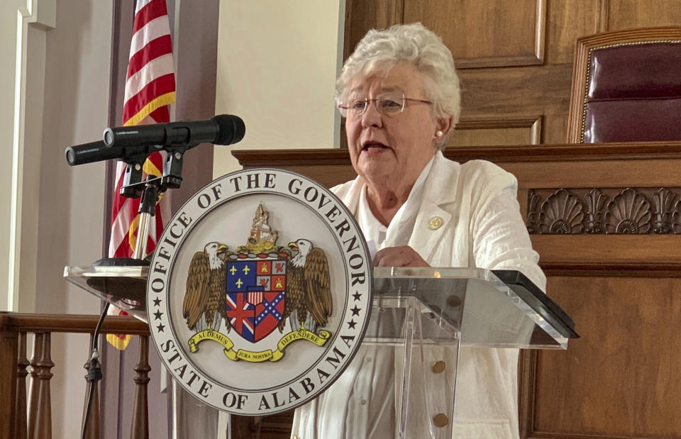 FILE - In this July 29, 2020 file photo, Alabama Gov. Kay Ivey speaks during a news conference in Montgomery, Ala. Alabama lawmakers return to Montgomery on Monday, Sept. 27, 2021, to vote on a $1.3 billion prison construction plan proponents say will help address the state’s longstanding problems in corrections, but critics argue the troubles go much deeper and won’t be remedied with brick, mortar and bars. Alabama Gov. Kay Ivey called a special session next week for lawmakers to vote on the construction plan as well as a sentencing and supervision bill. Ivey said Alabama is risking a federal takeover of the prison system. (AP Photo/Kim Chandler, File)