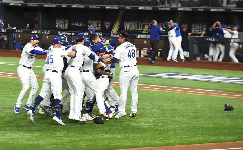 ARLINGTON, TEXAS OCTOBER 27, 2020-Dodgers players celebrate the World Championship.