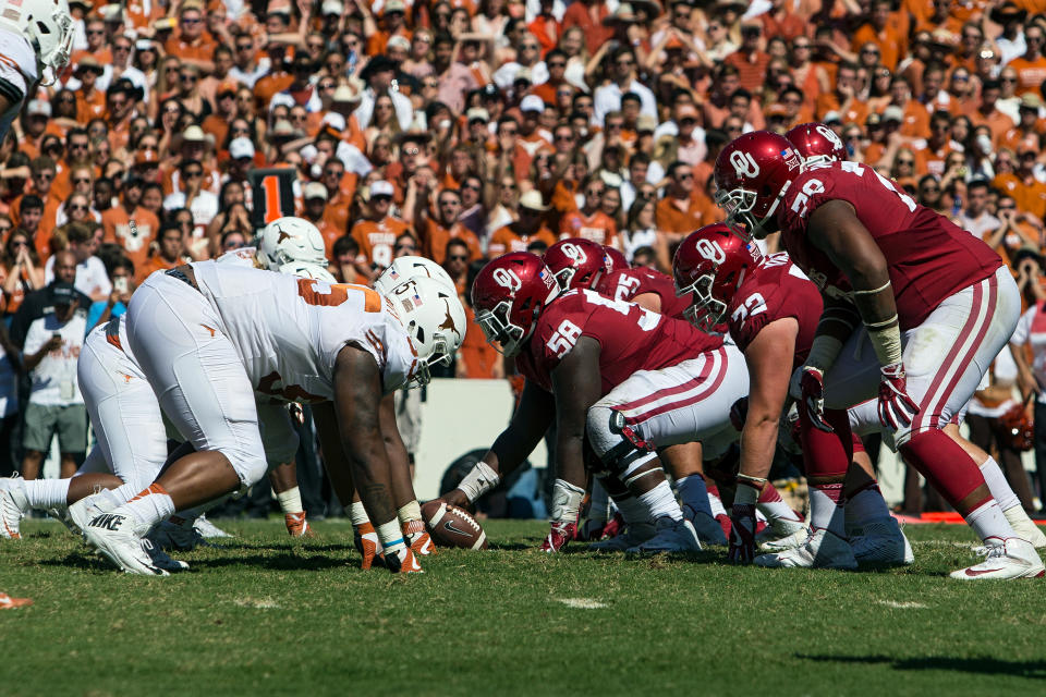 The Oklahoma Sooners and Texas Longhorns meet on Oct. 12 in the Red River Showdown with plenty on the line. (Getty file photo)