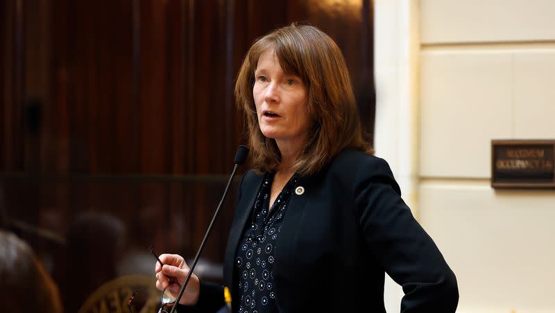 Senate Minority Whip Kathleen Riebe, D-Cottonwood Heights, speaks in the Senate chamber at the Capitol in Salt Lake City, on Thursday, March 2, 2023.