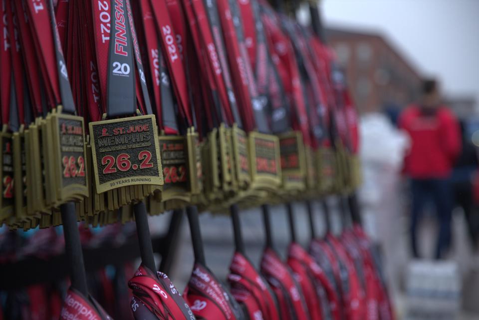 Finisher medals are ready to be passed out at the St. Jude Memphis Marathon on Dec. 4, 2021. This year's marathon is on Dec. 3.