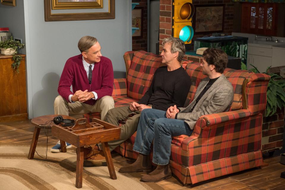 Tom Hanks, Tom Junod and Matthew Rhys on the set of "A Beautiful Day in the Neighborhood." (Photo: Lacey Terrell/TriStar Pictures)