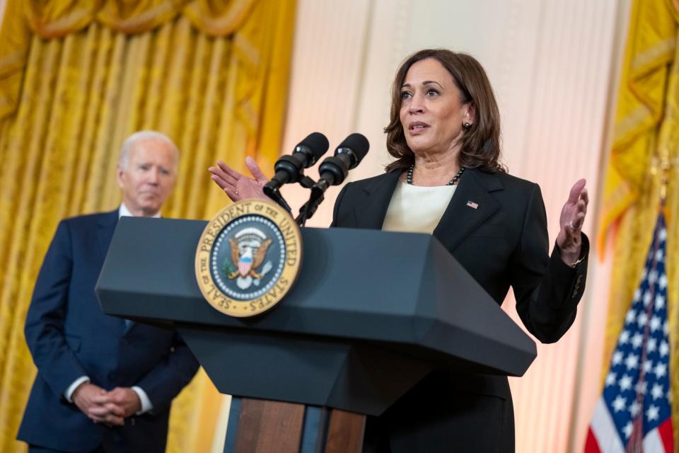 Vice President Kamala Harris delivers a speech in the East Room of the White House.