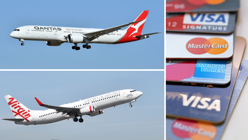 A composite image of a Qantas plane, a Virgin Australia plane, and assorted frequent flyer credit cards.