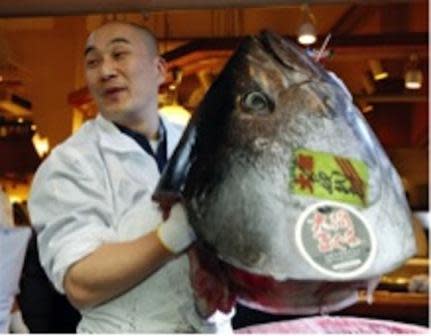 A chef poses with the head of the $1.76 million tuna auctioned off in Tokyo in January (Kimimasa Mayama / EPA 2013).