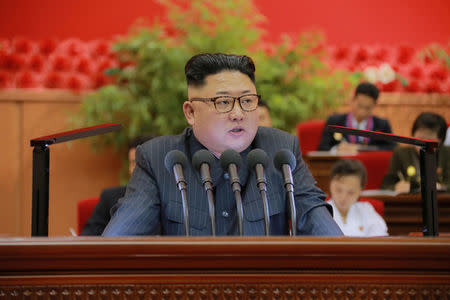 North Korean leader Kim Jong Un gives a speech at the 9th Congress of the Kim Il Sung Socialist Youth League in this undated photo released by North Korea's Korean Central News Agency (KCNA) in Pyongyang on August 29, 2016. KCNA/ via REUTERS/Files